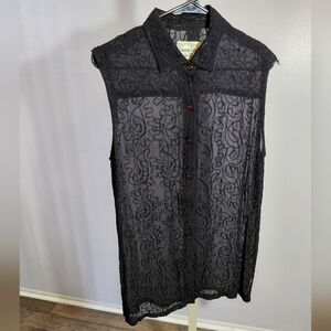 Black Sheer Sleeveless Button-Up Blouse